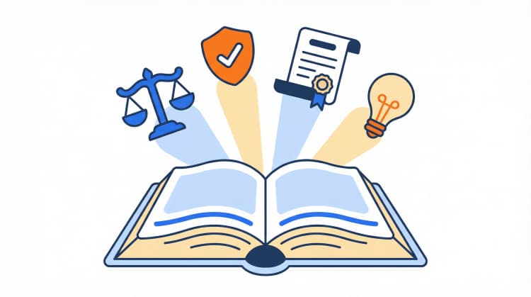 Открытая книга знаний с иконками весов, щита и документов