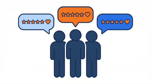 Голоса клиентов — силуэты людей с речевыми облачками и звёздами